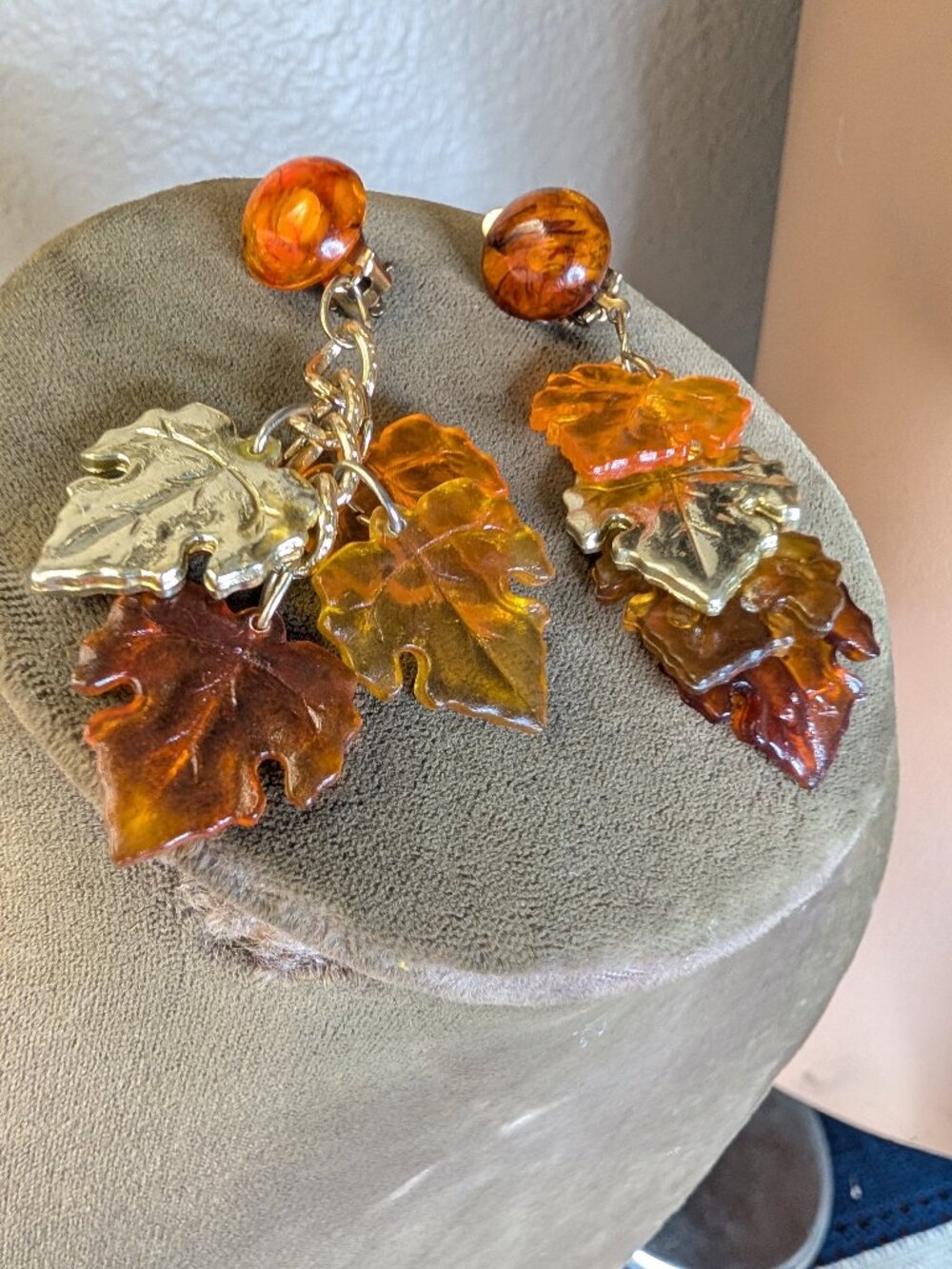 Vintage Hong Kong Amber Lucite Leaf Clip-On Earrings